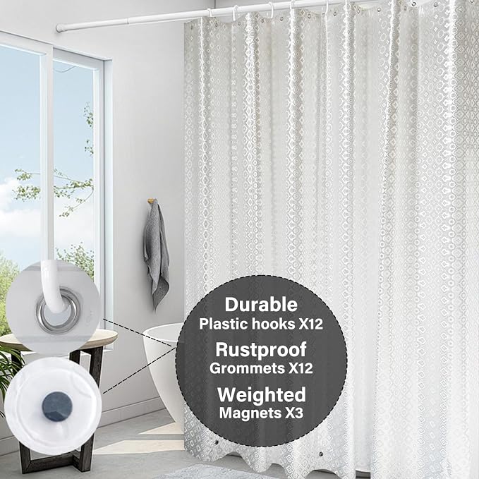 Plastic Shower Liner - Premium EVA 7G Thickened Shower Curtain Liner with Rustproof Grommets and 3 Weighted Magnets, Waterproof Shower Curtain for Bathroom (3D Plum Blossom)