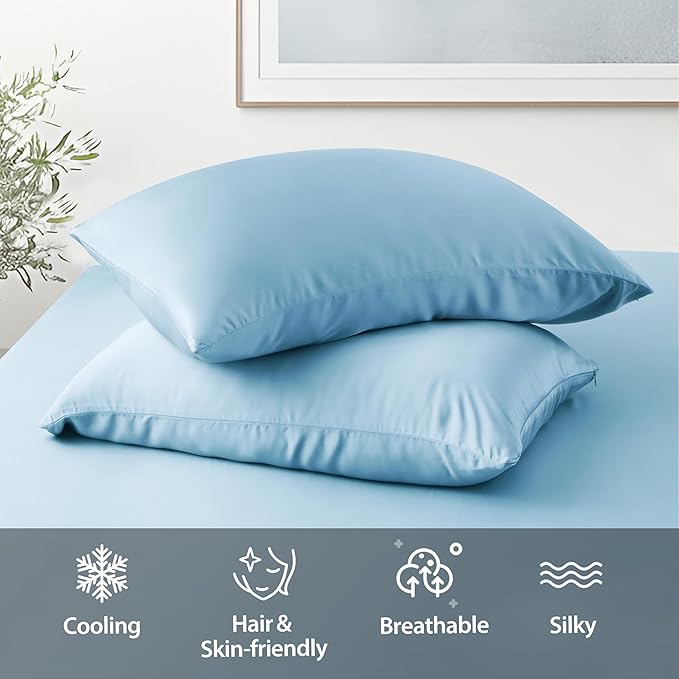 2 Pack Cooling Pillow Cases,Viscose Derived from Bamboo Pillow Protectors King Size Set of 2, 400 Thread Count Soft Silky Breathable Summer Pillow Cover with Zipper Hidden (2PCS, Light Blue, King)