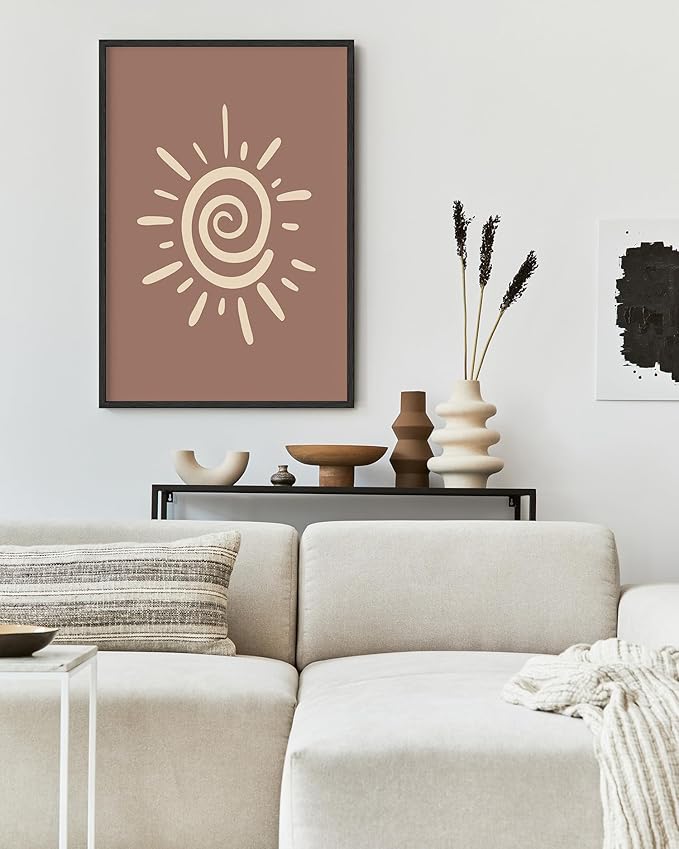 Abstract Spiral Sun Wall Art Swirl Sunburst Print Earth Tones Terracotta Tan Mid Century Modern 24x36 Inch Oak Wood Black Framed Tribal Boho Decor for Living Room