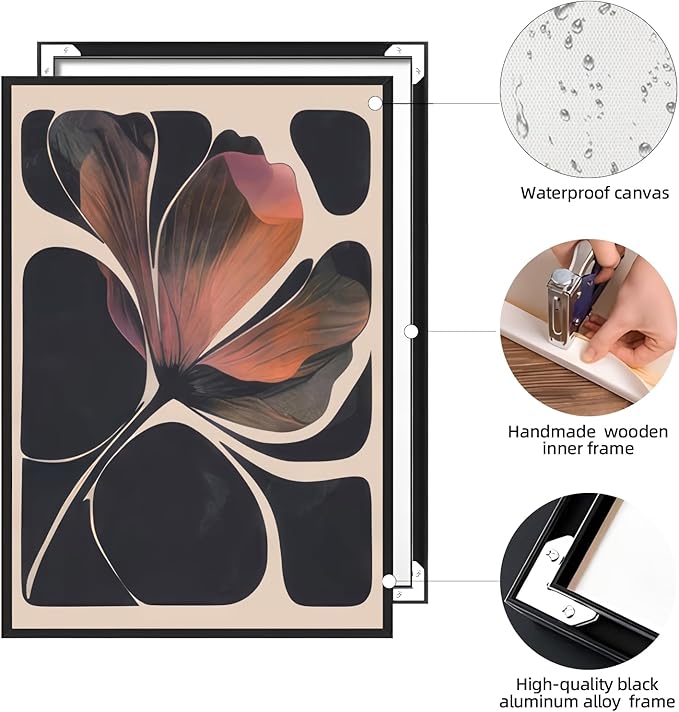 Abstract Floral Wall Art Prints Set of 2 Modern Mid Century Botanical Canvas Painting Posters Black Orange Flower Picture Wall Decor Aesthetic for Bedroom Home Decor 8x12inch Aluminum Framed