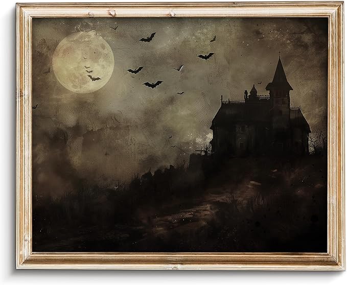 Vodefoad Vintage Haunted House Oil Painting Art Print, Spooky Gothic Halloween Picture Wall Decor, Spooky Haunted House Landscape Canvas Painting, Retro Moody Dark Academia Decor for Gallery, Living Room, Bathroom, Bedroom,Holiday Gift - 8x10Inch Unframe