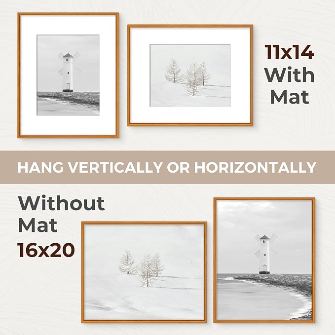 16x20 Picture Frame with Mat for 11x14, USA-Sourced Teak Wood Handcrafted Rounded Corner with HD Tempered Glass, 16 x 20 Photo Frames Gallery Wall & Tabletop, Vertically or Horizontally, 2 Pack