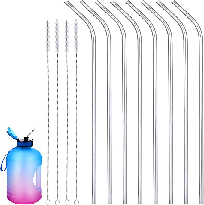Geiserailie 8 Pieces 14 Inch Reusable Stainless Steel Straws Long Drinking Straws for 100 oz Tumblers, Extra with 4 Pieces Cleaning Brush(Silver)