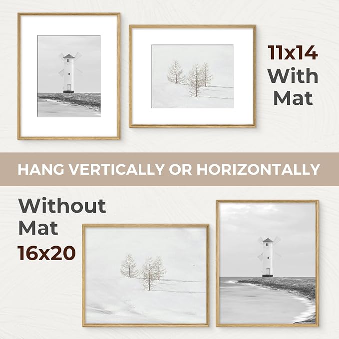 16x20 Picture Frame with Mat for 11x14, USA-Sourced Oak Wood Handcrafted Rounded Corner with HD Tempered Glass, 16 x 20 Gallery Wall Frames for Posters & Art Prints, Vertically or Horizontally