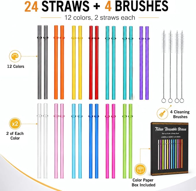 24 Pack Reusable Plastic Straws with 4 Brushes, 9" Tritan Hard Straws | 12 Clear Colors Replacement Straws for 12oz 16oz 20 oz Tumblers, Mason Jars, Stanley, YETI, Starbucks Cups, BPA Free