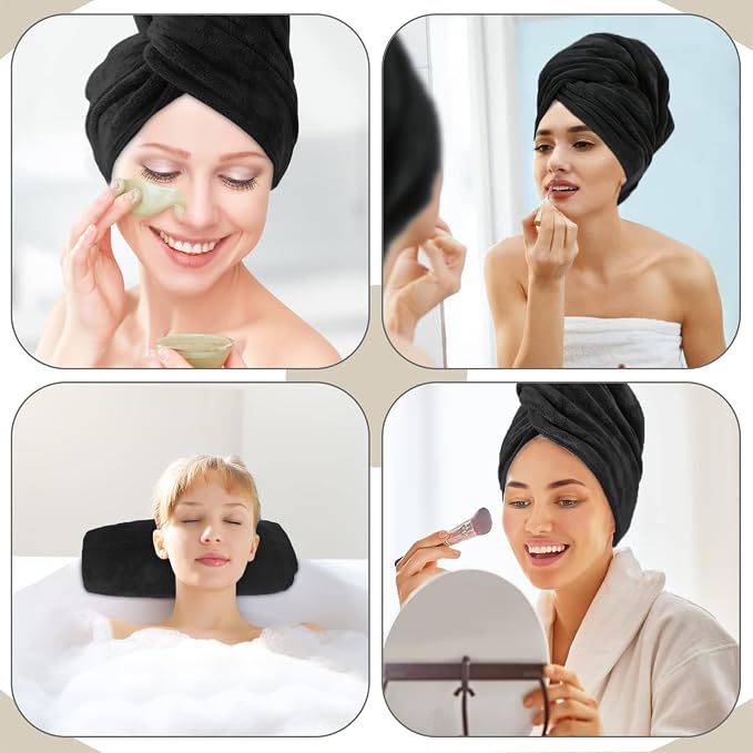 SUNLAND Microfiber Hair Towels Anti Frizz Hair Drying Towel Super Absorbent Fast Drying Turbans for Wet Curly Hair Soft Hair Towel Wrap with Elastic Band for All Hair Types 40 X 20 inches 2Pack Black