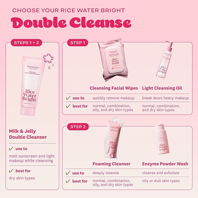 The Face Shop Rice Water Bright Milk & Jelly Double Cleanser, Double Cleansing in Half the Time, 2-in-1 Makeup Remover & Face Wash, Hydrating & Moisturizing, Korean Skin Care, Vegan, 6.4 fl. oz.