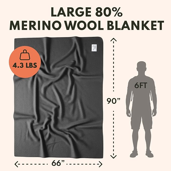 Woolly Mammoth Woolen Co. | Extra Large Merino Wool Camp Blanket | Perfect Outdoor Gear | Bedroll for Bushcraft, Camping, Trekking, Hiking, Survival, or Throw Blanket at the Cabin (Gray), 66" x 90" | Temperature Regulating - Fire-Resistant - Warm Campi...