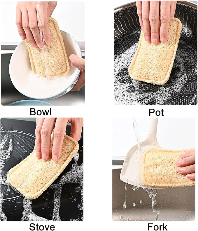 5 Pcs Natural Loofah Dish Sponge, 4.3" Heavy Duty Scrub Sponge,100% Biodegradable Luffa Sponge for Kitchen, Multi-Layer Thickening Sturdy and Durable, Natural Dish Scrubber
