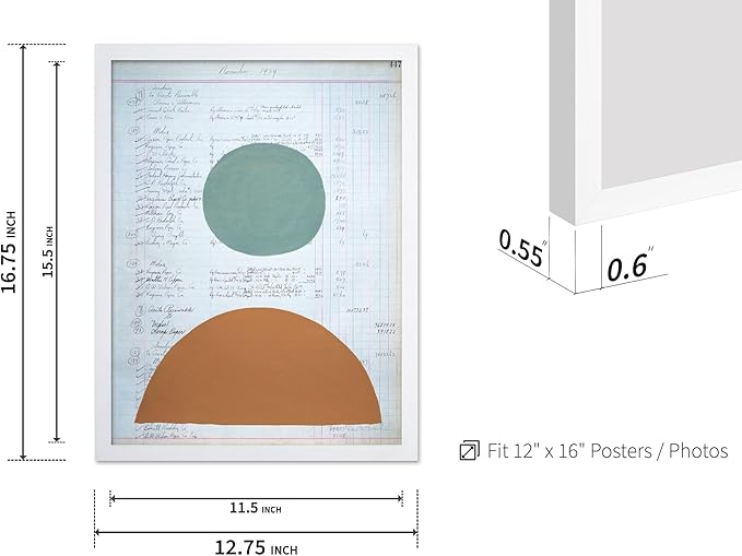Monem Art Vintage Ledger Abstract Geometric Print - Modernist Teal and Ochre Art Poster - Wall Decor for Office, Living Room or Studio - 12x16 White Framed Wall Art by Renee Stramel