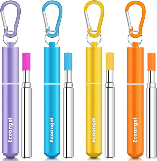 Ecoangel Cruise Ship Essentials,4-Pack reusable Collapsible Stainless Steel Drinking Straws with Aluminum Case,Cleaning Brush,and Keychains (Gold & purple & orange & blue)