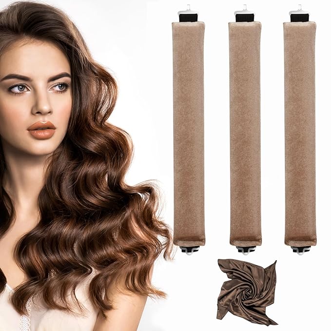Heatless Hair Curlers, Heatless Curls Overnight Set for Women, Soft Hair Curlers to Sleep in, No Heat Overnight Curls with Silk Scarf - 3Pcs Khaki
