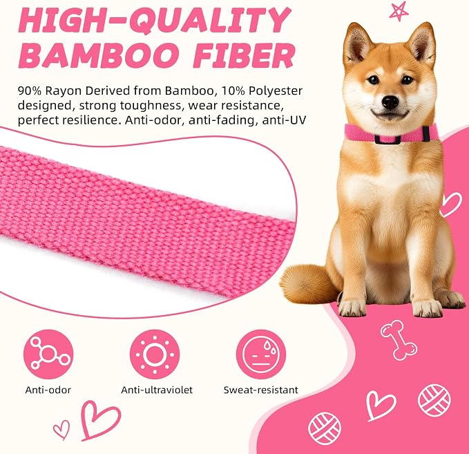 Rose Pink Dog Collar for Medium Size Dog, Breathable, Anti-Odor & Soft, Comfortable for Sensitive Skin Puppies, 90% Bamboo Rayon, Adjustable Quick-Release Buckle Pet Collar for Medium Breeds