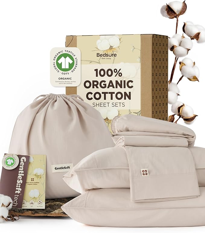 Bedsure 100% GOTS Certified Organic Cotton Sheets, Full Size Sheets, 16" Deep Pocket Bedsheets with Corner Straps, Eco-Friendly, Soft, Breathable & Luxury PureWoven Cotton Hotel Bedding, Linen