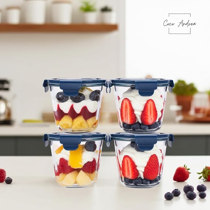 Coco Andrea Reusable Round Glass Meal Prep Containers With Lids (2 sets) - 25oz/ 3 Cup Glass Storage Containers With Lids - Airtight Microwave Safe Lunch & Soup Containers Glass - Ideal for Meal Prep