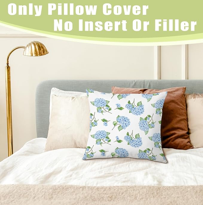 Blue Hydrangea Floral 18x18 Pillow Cover, Farmhouse Cottage Core Hydrangea Flower Botanical Decorative Throw Pillow Cover for Home Bedroom Living Room