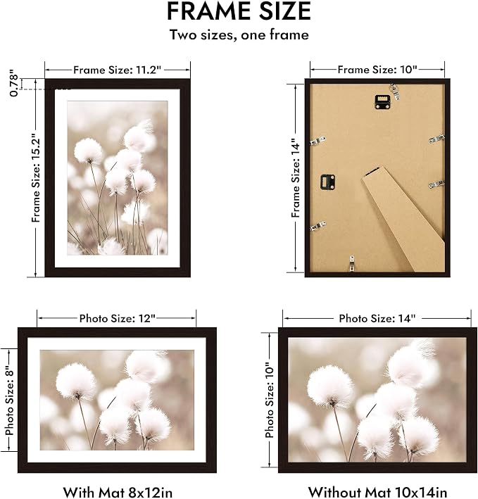 Hongkee 10x14 Oak Wood Picture Frame 1 Pack(Matted 8x12), Real Glass Cover | Black, 10 x 14 Solid Wood Frame for Wall or Tabletop Display - Includes Easel Back, Vertical Hang - Ideal for Home, Office