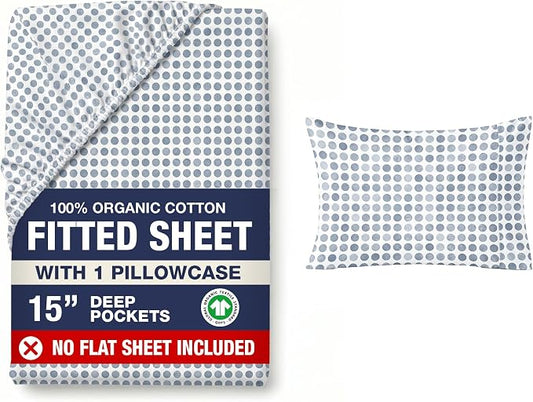 LANE LINEN 100% Organic Cotton Cool Twin Fitted Sheet, 2-Piece Set (1 Fitted Sheet, 1 Pillowcase), Percale Weave, Ultra Soft, Breathable, Fits Mattress Upto 15" Deep - Polka Dot Blue (No Flat Sheet)