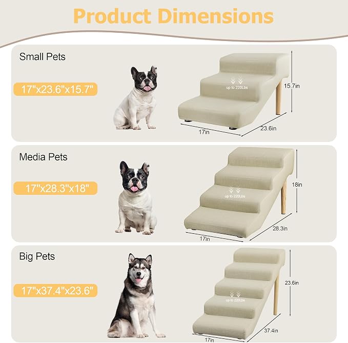 4-Step 18" H Dog Stairs for Bed Couch, Waterproof & Scratch PU Leather Pet Steps for Small Senior Dogs and Cats, Dog Ramp with 220 lbs Maximum, Oak Leg & Solid Wood, Non-Slip Feet, Cream