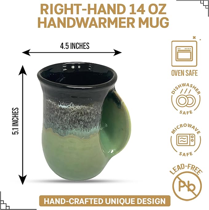 Clay in Motion Hand Warmer Coffee Mug – Handmade Coffee Mug With Comfortable Handle Contoured Pocket Hand Warming Ceramic Coffee Mug – Proudly Made in USA – Right Handed – 14 Oz - Midnight Prairie