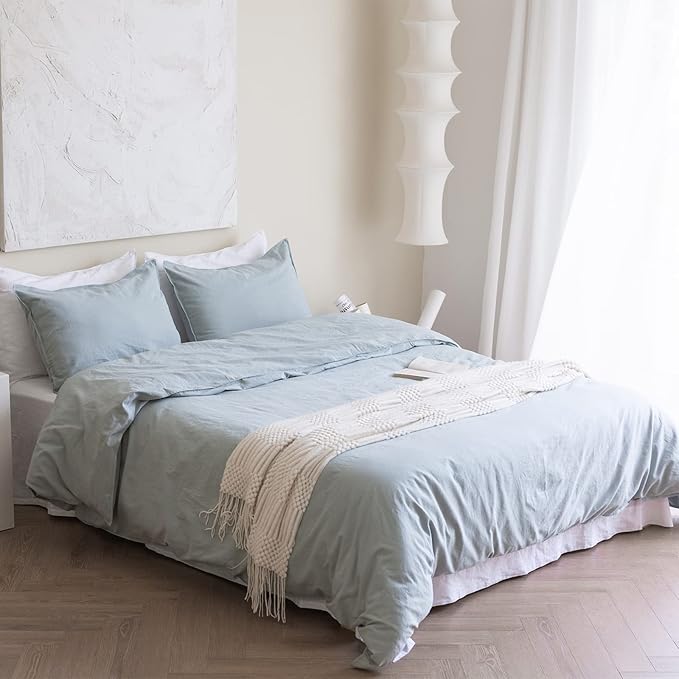 BISELINA French Linen Duvet Cover Set 3pcs with Hidden Zipper Closure Natural Flax Cotton Blend Solid Color Soft Breathable Luxury Farmhouse Bedding -Full Size, Dusty Blue