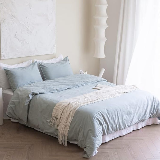BISELINA French Linen Duvet Cover Set 3pcs with Hidden Zipper Closure Natural Flax Cotton Blend Solid Color Soft Breathable Luxury Farmhouse Bedding -Full Size, Dusty Blue