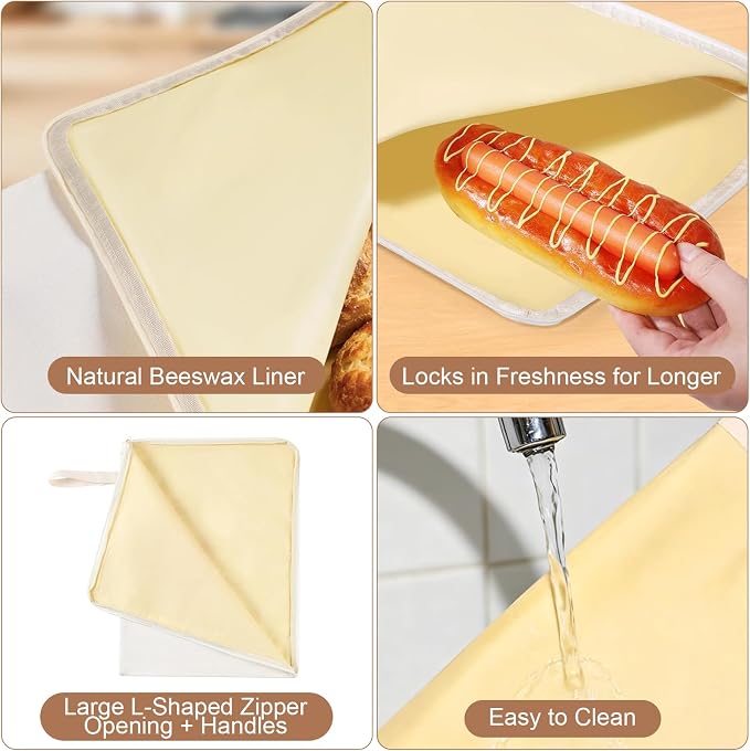 Beeswax Bread Bags 2 Pack Reusable Cotton Sourdough Storage Eco | L-zipper opens wide for easy loading. Beeswax coating keeps bread fresh. Washable, freezer-safe. 2 designs.