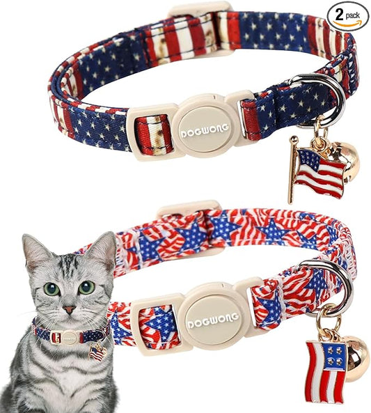 2 Pack American Flag Cat Collars Breakaway with Bell, DOGWONG Safety Buckle 4th of July Patriotic Cute Cat Collar for Girl Boy Cats，Adjustable 7-12 Inch