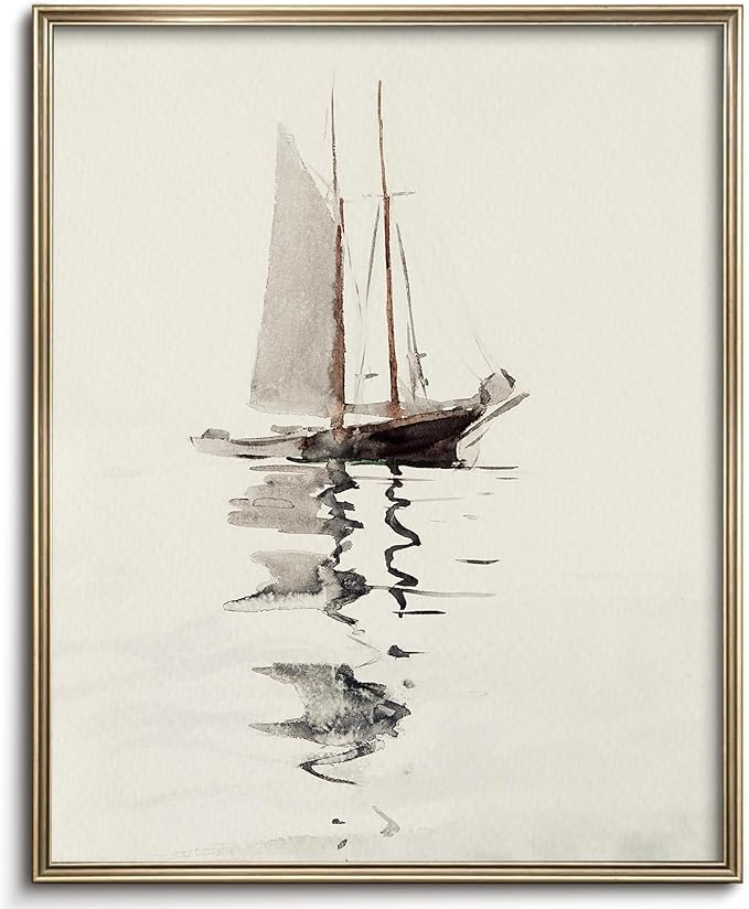 Vodefoad Vintage Coastal Sailboat Drawing Lake House Decor Soft Coastal Nautical Wall Art Neutral Nautical Wall Art Boat Sea Lover Wall Print Antique Sketch Art(UNFRAMED 8x10in)