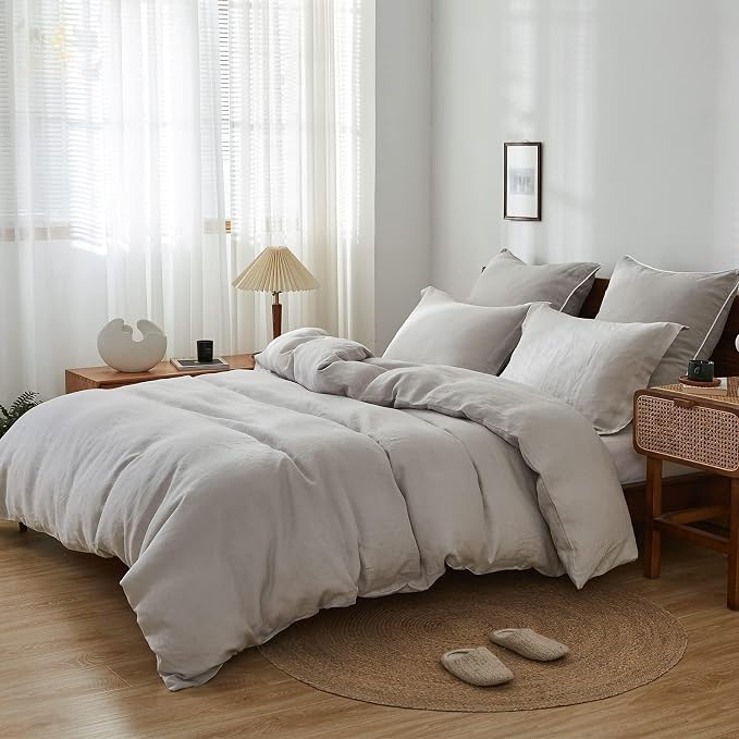 Simple&Opulence 100% Linen Duvet Cover Set, 3 PCS Natural French Flax Light Grey Duvet Cover King Size, Breathable Soft Comfy Linen Bedding Comforter Cover with 2 Pillowcases(Light Grey, 104" x 92")