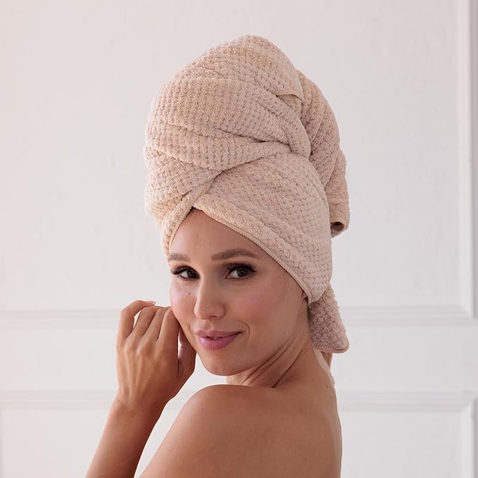 Curly Girl Microfiber Hair Towel Wrap for Women, 41" x 31" Large Quick Dry Hair Towel, Secure Fit with Elastic Strap, Anti-Frizz Hair Plopping Wrap for Long, Thick Hair