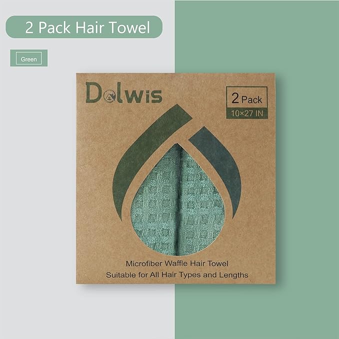Dolwis Microfiber Hair Drying Towel - 2Packs Waffle Long Hair Head Turban Wraps Terry Cloth Fast Absorbent Dry Anti Frizz Twist Plopping Curly Shower Turban for Women Wet Hair (Green)