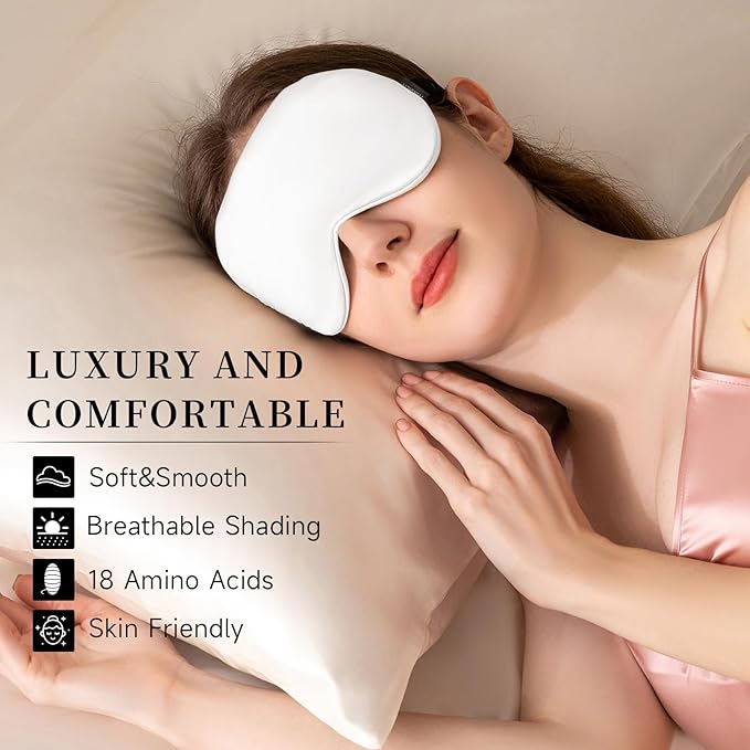 THXSILK Sleep Mask 100% 19 Momme Pure Mulberry Silk Super Smooth Cooling Sleep Eye Mask Blackout for Women/Man/Kids Eye Cover with Wide Head Strap Good Night Sleep Comfortable Travel and Nap, White