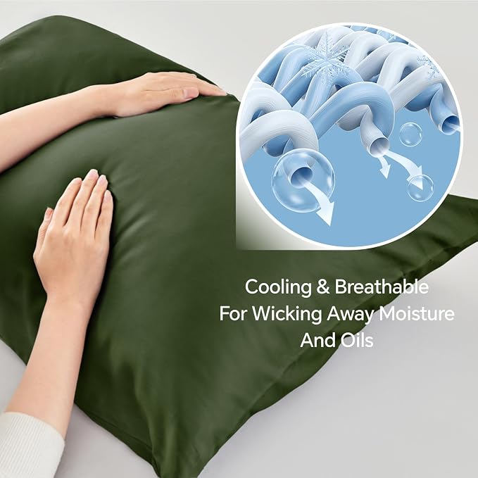 BEDELITE Olive Green Pillow Cases Queen Size Set of 2, Rayon Derived from Bamboo，Cooling Pillow Cases for Hot Sleepers & Night Sweats, Breathable and Silky Soft Envelope Pillowcases, 20"x30"