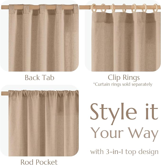 jinchan Taupe Linen Blend Curtains 72 inch Length 2 Panels for Bedroom Living Room, Light Filtering 50 inch Wide Farmhouse Drapes with Rod Pocket Back Tab(50W x 72L, Taupe)