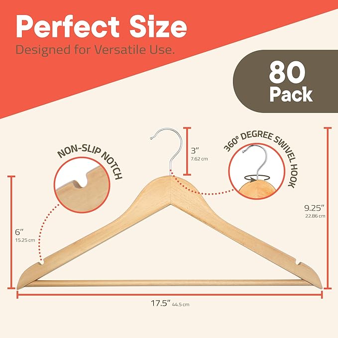 Natural Wooden Hangers 80 Pack – Heavy-Duty with 360° Swivel Hook, Non-Slip, Pants Bar & Shoulder Grooves - Wooden Hangers for Suits, Jackets, Dresses & Camisoles, Space-Saving and Smooth Finish