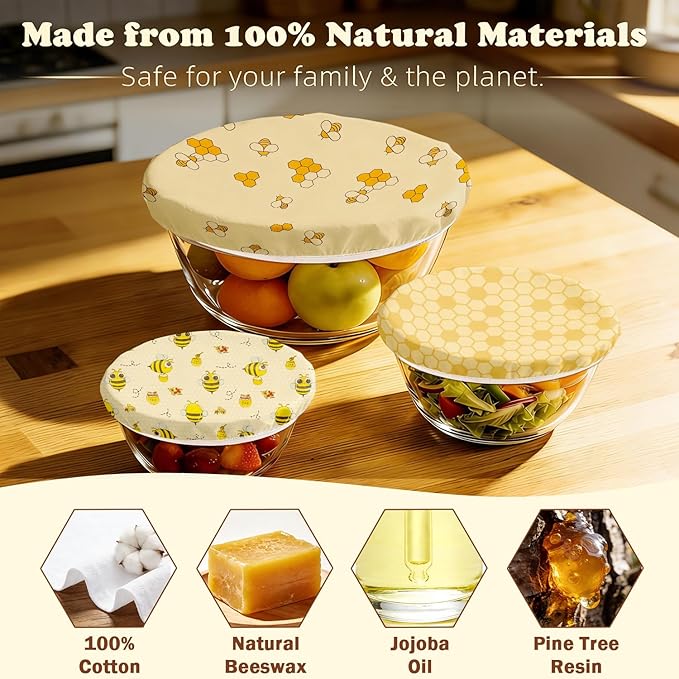 Reusable Beeswax Bowl Covers for Bread Proofing & Food Storage, Eco-Friendly Organic Cotton & Natural Wax & Resin, for Baking, Picnic, Pet Food, Sustainable Kitchen (Honeybee001, 2*12''+2*10''+2*8'')
