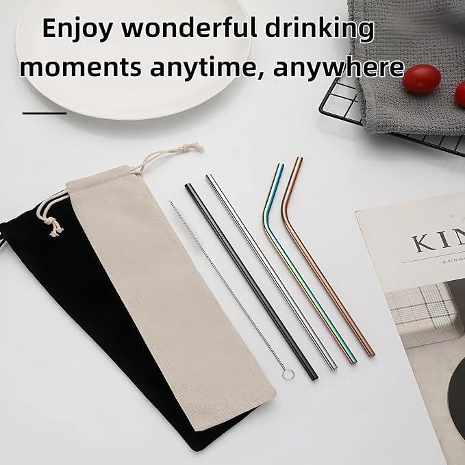 Heavy Duty 304 Stainless Steel Reusable Straw Set, 8 Pack Multi-Color Smoothie Straws with Travel Pouch & Cleaner, Dishwasher Safe Eco- (Golden-black bag,8pc)