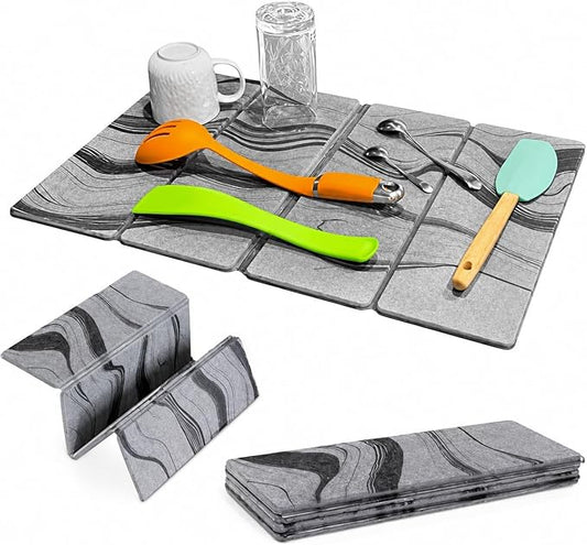 Foldable Stone Dish Drying Mat for Kitchen Counter | 23.5” L x 15.3” W Diatomaceous Earth Quick Drying Pad | Foldable & Super Absorbent Dish Drying Stone for Plates, Bottles & Utensils | Gray