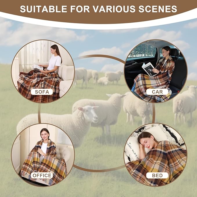 100% Wool Blanket Throw,Farmhouse Plaid Wool Blanket with Compact Bag, Rustic Soft Lightweight Blanket for Couch,Sofa,Bed & Lounging Decoration,Travel Blanket for Car,Airplane,Ideal Gifts 55"x83"