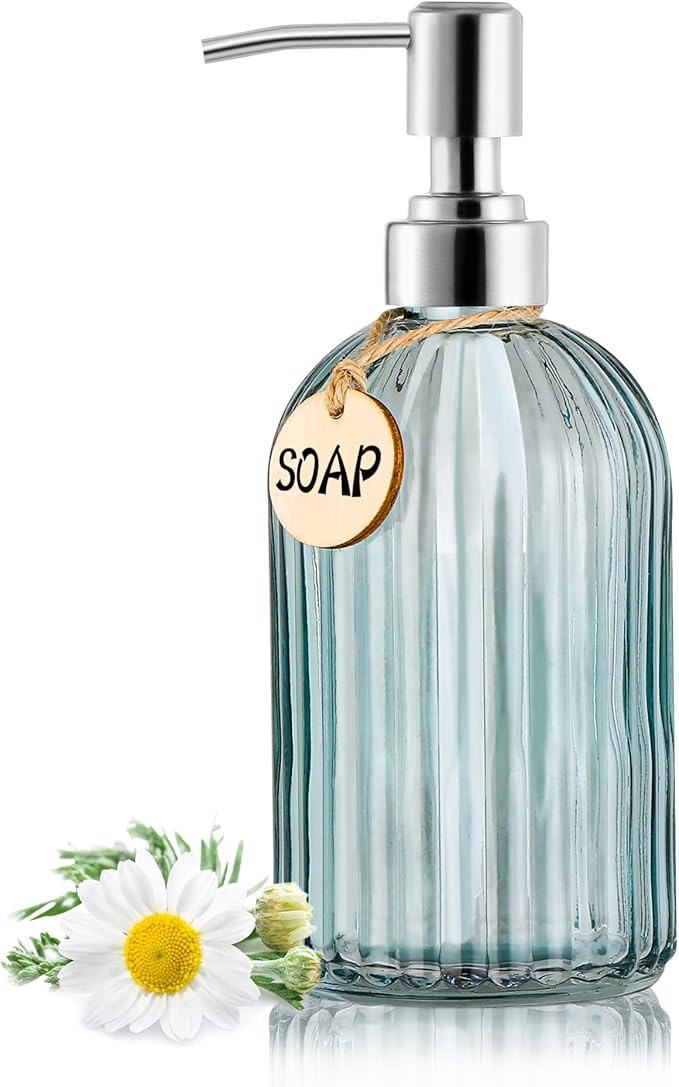 MOCLIF 16OZ Fashion Stripe Clear Glass Refillable Soap Dispenser with 304 Stainless Steel Pump Premium Soap Dispenser， for Kitchen, Bathroom, Hand Sanitizer, Liquid Soap, Lotion, etc. (Clear Blue)