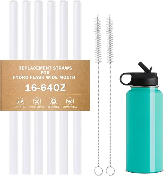 LUCKINEE Replacement Straws for Hydro Flask Wide Mouth 16-64 oz, 6 Pack Plastic Reusable Straws with 2 Straw Cleaner Brushes for Hydro Flask Accessories