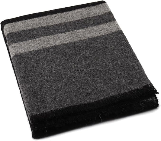 Superfine Alpaca Wool Throw Blanket - Lightweight Alpaca Merino Wool Throw Blankets | Soft Peruvian Alpaca Blanket Wool Blanket Striped Design 69" x 52" (Black/Gray)