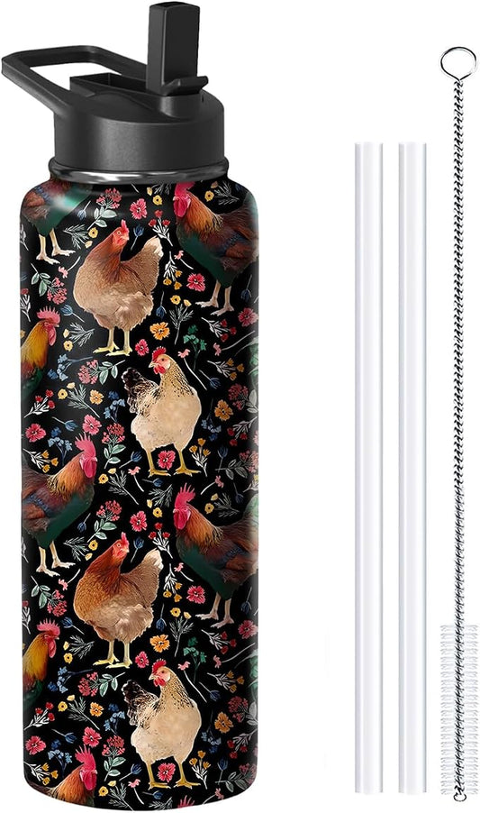 40oz Chicken Water Bottle with Handle and Flip Straw, Animal Sports Stainless Steel Insulated Cup Travel Coffee Mug Tumbler, Birthday Mothers Day Chritmas Gifts for Women