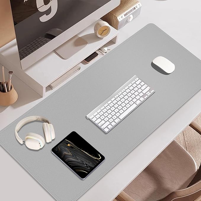 BLESWIN Large Desk Pad, 47.2'' x 23.6'', Office Desk Mat, Computer Mat for Desk, Leather Desk Pad Protector, Sewing Desk Blotter, Desktop Writing Pad for Office/Home/Decor Light Grey