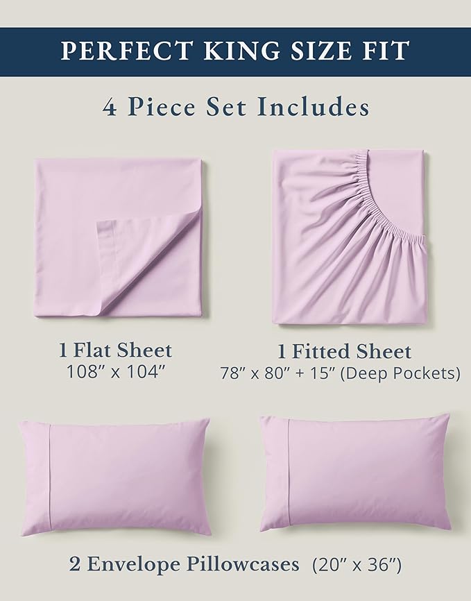 LANE LINEN 100% Organic Cotton Fully Elasticized King Sheet Set, Low Pilling Fade Resistant Machine Washable Naturally Cooling King Bedding Set, Soft & Comfy Cotton Sheets - Orchid Petal