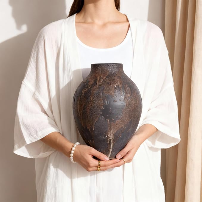 Wabi Sabi Vase 11.8in, Brown Ceramic Vase with Waterproof Coating, Rustic Ceramic Vase Large for Table Centerpiece, Entryway Shelf Decor, Rustic Farmhouse Pottery Vase