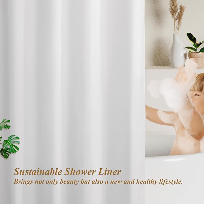 Mrs Awesome 54x78 Sustainable Shower Curtain Liner, Recycled Polyester Material, Eco Friendly, Non Plastic & Freon-Free Washable Stall Fabric Shower Curtain Liner with Magnets, 54" x 78", White