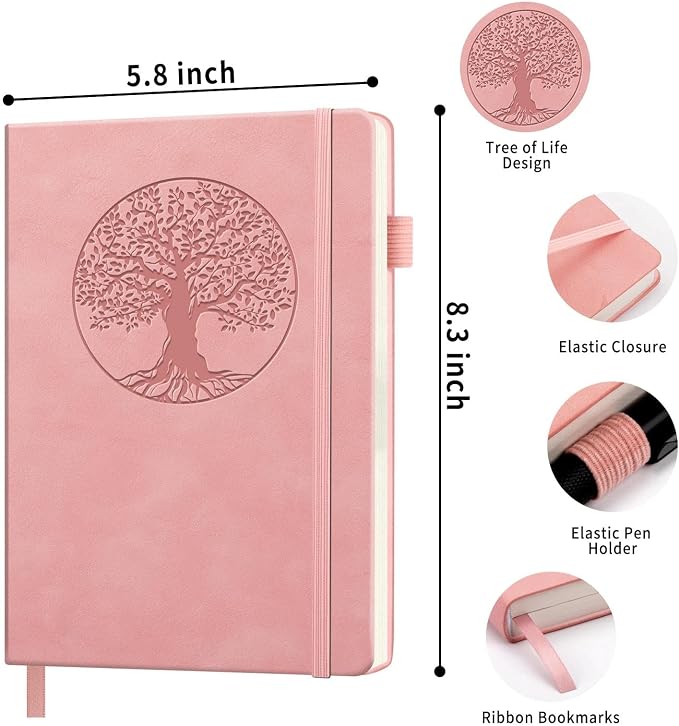 Lined Journal Notebook, A5 Leather Vintage Journals for Writing, 288 Pages College Ruled Notepad for Women Men, Vegan Leather Daily Notebook for Work, School, Travel, Note Taking(Tree of Life, Pink)