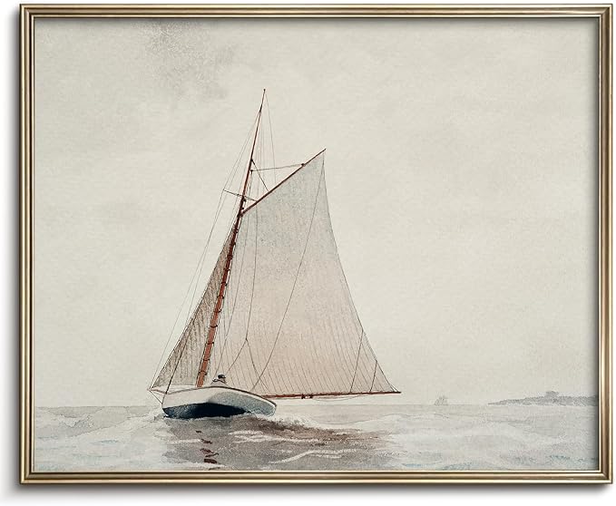 European Vintage Sailboat Wall Art Print, Vintage Sailboat Watercolor , Rustic Coastal Boat in Sea Oil Painting, Antique Country Farmhouse Muted Minimalist Poster for Beach House or Cottage Decor, Digital Download North Prints(UNFRAMED 8x10in)